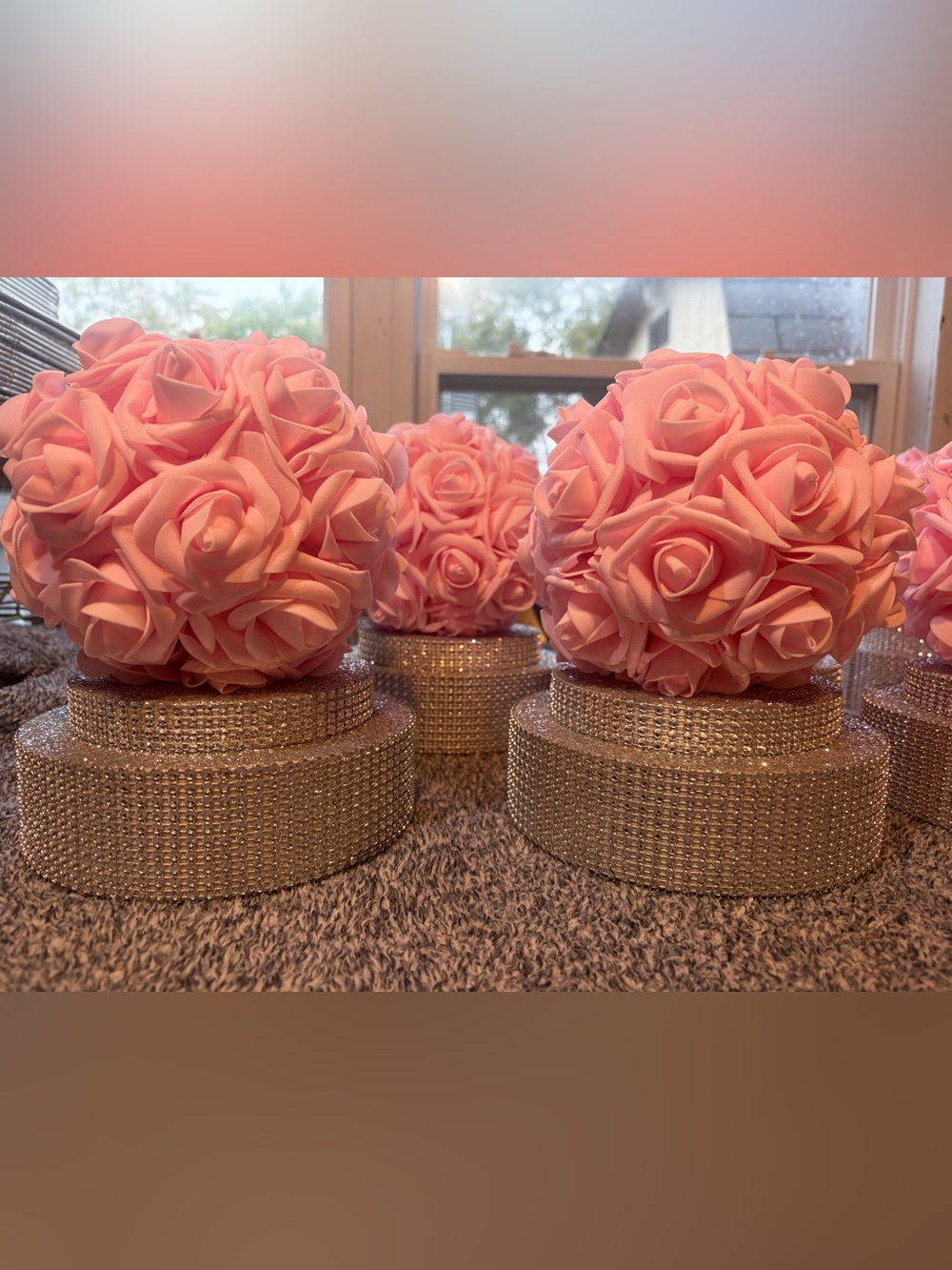 Pink Foam Rose Bouquet Ball with Silver Rhinestone Base ( 7 centerpieces)